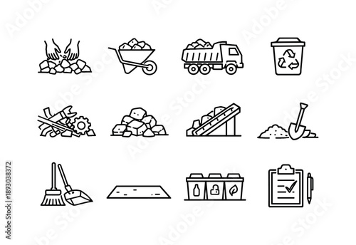 Debris Removal Icons. Debris Removal. Line icon set of Debris Removal: rubble sorting, wheelbarrow load, dump truck, recycling bin, scrap metal pile, concrete