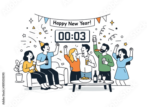 Cozy Countdown Celebration. New Year countdown party indoors. Group celebrating at home with simple decorations and confetti, cozy atmosphere and relaxed