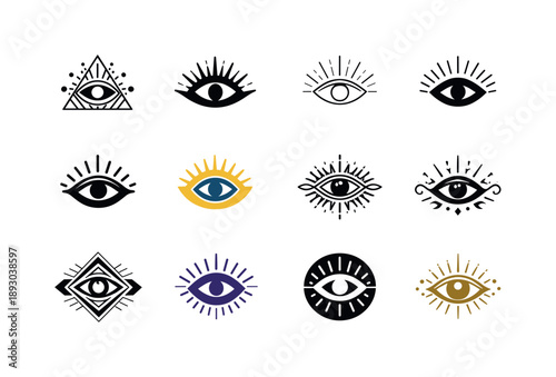 Spiritual Awakening Icons. Spiritual awakening. Icon set. Set Logo of Spiritual awakening: third eye symbol with aura. harmonious logo variations of the same