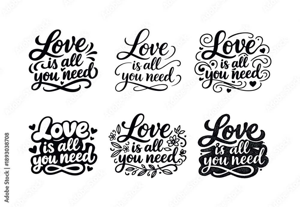 Fototapeta premium Love Quotes Lettering Grid. Handwritten love quotes. Set lettering. harmonious lettering variations of the same emblematic concept, each with different