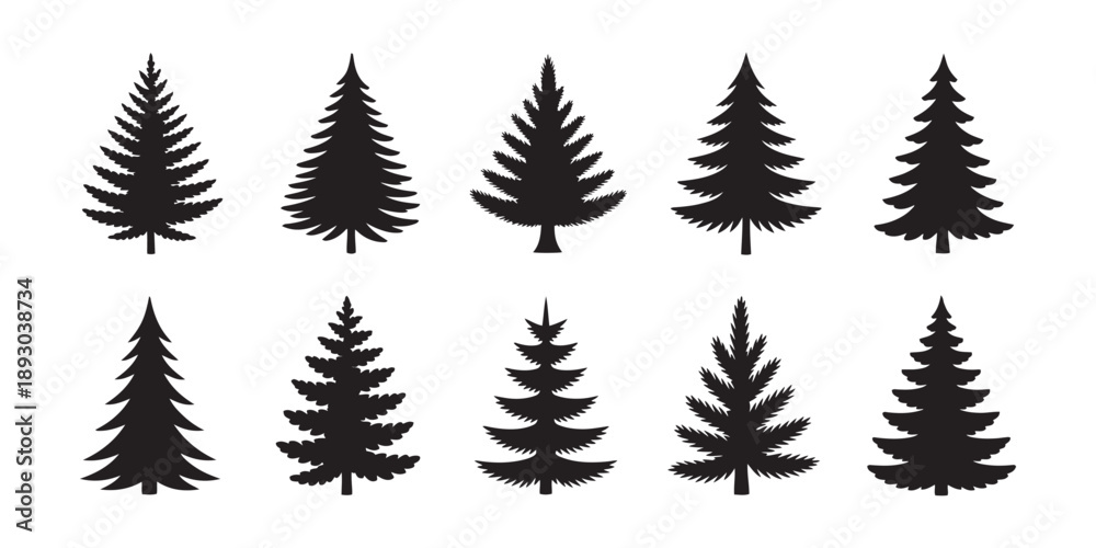 Obraz premium Collection of Pine Tree Silhouettes Isolated on White Background.