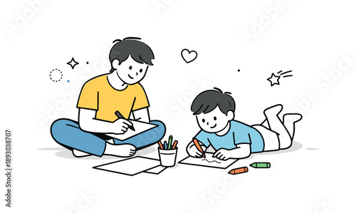 Playful Bonding Moment. Quality time at home. A parent and child playing or drawing together on the floor. Simple joy and relaxed togetherness with minimal