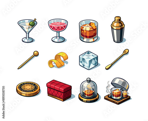 Luxury Cocktail Icons. Luxury Cocktails. Colorful isometric vector icons set of Luxury Cocktails: martini glass, crystal coupe, old fashioned glass, cocktail