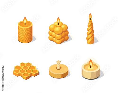 Natural Candle Icons. Natural Decor. Isometric flat vector icons set of Natural Decor: decorative beeswax candle, sculpted wax form, spiral taper candle,