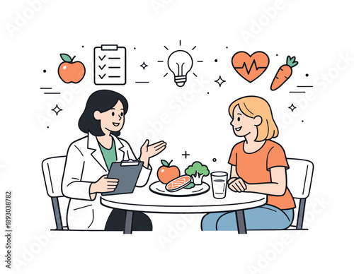 Nutrition Consultation Scene. Nutrition consultation. Nutritionist and client sitting at a table, calmly discussing healthy food choices. Supportive guidance