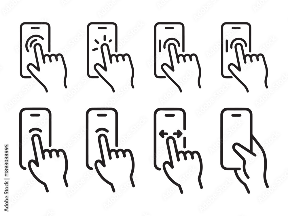 Fototapeta premium Set of Finger Touch Gestures on Smartphone Screen, Isolated on White Background.