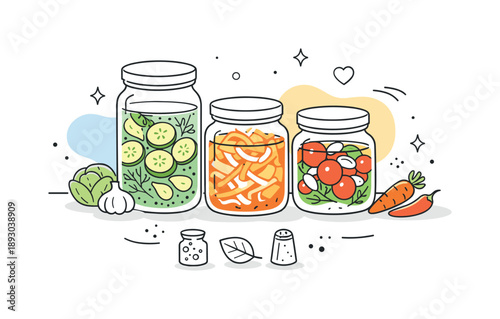 Minimalistic Fermentation Jars. Glass fermentation jars. Clear glass jars with simple lids, filled with vegetables and liquid, showing a calm home fermentation