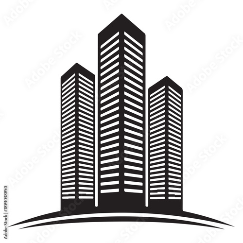 Silhouette of three modern city skyscrapers with varied heights standing tall against a transparent background representing urban architecture and corporate power