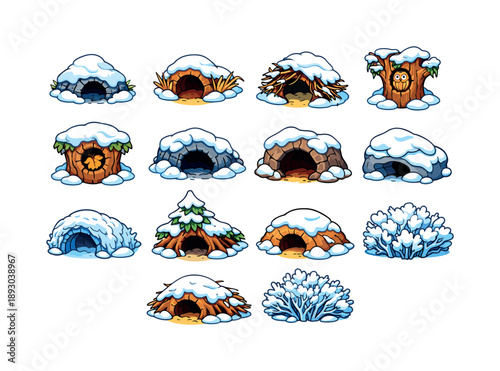 Winter Shelter Icons. Winter shelters. Colorful isometric vector icons set of winter shelters: snowy animal den, fox burrow opening, hare hideout under