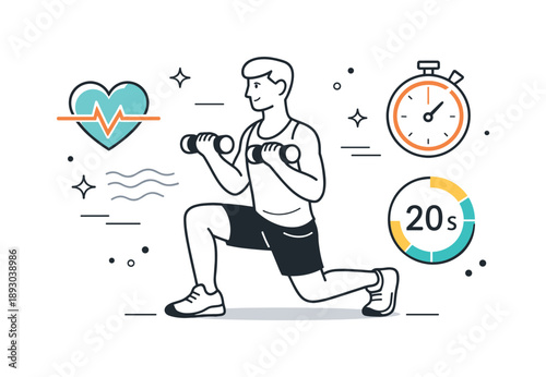 HIIT Workout Illustration. Strength and endurance interval workout. A person lifts light weights during a HIIT circuit, switching exercises quickly. Calm