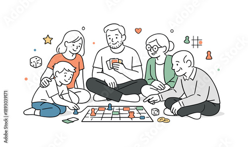 Family Board Game Night. Game night with family. A simple scene showing different ages gathered to enjoy a board game, with small gestures and gentle
