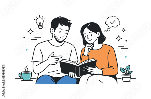 Non-Fiction Discussion. Reading non-fiction together. Two people sitting side by side, calmly reading and discussing a non-fiction book, thoughtful expressions