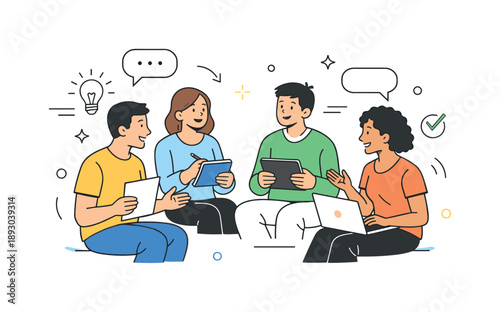 Collaborative Team Discussion. Team conversation. A group of colleagues or classmates discussing something in a friendly circle, papers or devices in hand.