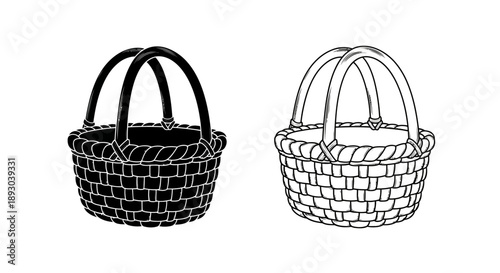 Handwoven basket collection black white wicker Vector