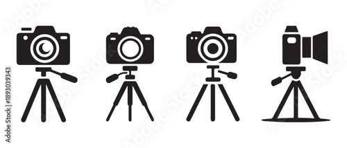 Set of Camera and Camcorder Icons on Tripods, Vector Graphics, Isolated on White Background.