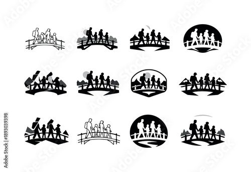 Family Hiking Icons. family hiking together. Icon set. Set Logo of family hiking together: family silhouettes crossing wooden bridge. harmonious logo