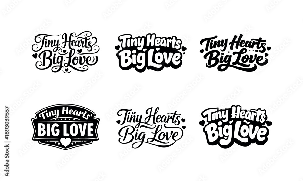 Fototapeta premium Diverse Heart Lettering. Tiny hearts big love. Set lettering. harmonious lettering variations of the same emblematic concept, each with different artistic