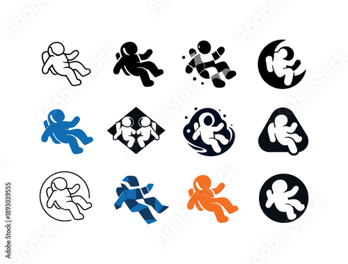 Floating Astronaut Icons. Weightlessness. Icon set. Set Logo of Weightlessness: floating astronaut. harmonious logo variations of the same emblematic concept,