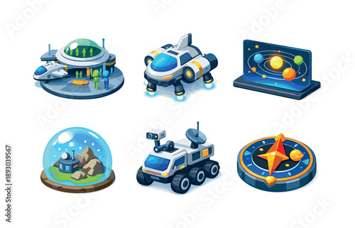 Intergalactic Icons. Intergalactic travel. Isometric flat vector icons set of Intergalactic travel: alien spaceport terminal, planetary landing craft, multi