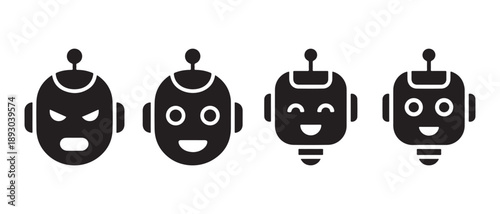 Robot Heads with Different Emotions. Angry, Happy, Winking, Smiling, isolated on white background.