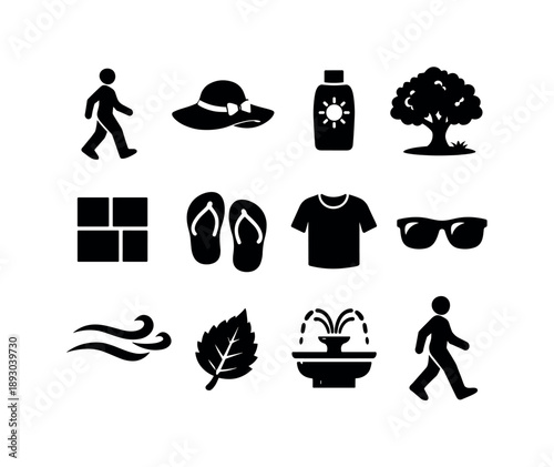 Warm Weather Icons. Warm Weather Walk. Solid icon set of Warm Weather Walk: walking silhouette, sun hat, sunscreen bottle, shaded tree, pavement tiles, flip