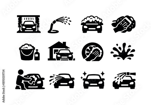 Outdoor Car Wash Icons. Outdoor car cleaning. Solid icon set of outdoor car cleaning: vehicle wash scene, hose water spray, foamy car surface, sponge scrub,
