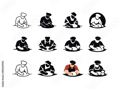 Baker Logo Variations. A baker kneading dough by hand on a flour-covered surface. Icon set. Set Logo of a baker kneading dough by hand on a flour-covered