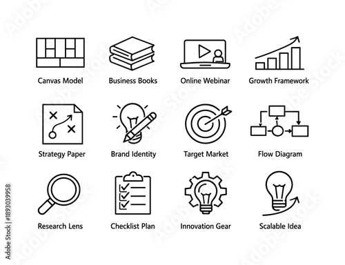 Learning Business Icons. Learning Business Models. Line icon set of Learning Business Models: canvas model, business books, online webinar, growth framework,