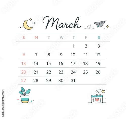 March Calendar Art. March calendar editorial layout. Neat monthly overview with balanced spacing, soft lines, and minimal decorative accents. Calm,