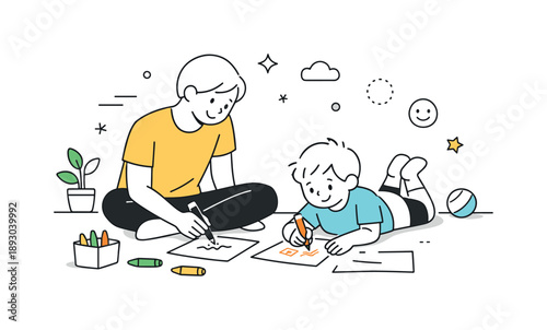 Playful Bonding Moment. Quality time at home. A parent and child playing or drawing together on the floor. Simple joy and relaxed togetherness with minimal