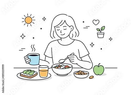 Healthy Morning Ritual. Healthy eating and nutrition for self-care ? daily routine. Person enjoying a healthy breakfast at a simple table, slow and peaceful