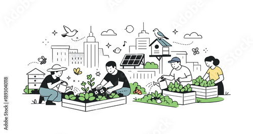 Sustainable Rooftop Gardens. Green roofs and urban gardens. People care for plants on rooftops surrounded by city buildings, supporting insects and birds. The