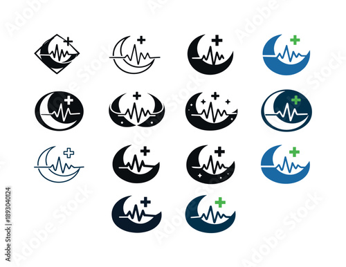 Science of Sleep Iconography. The science of sleep and its impact on health. Icon set. Set Logo of The science of sleep and its impact on health: heartbeat at