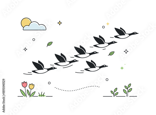 Spring Migration Return. Birds returning from migration illustration. Minimal editorial scene with birds flying back in formation, soft sense of movement and