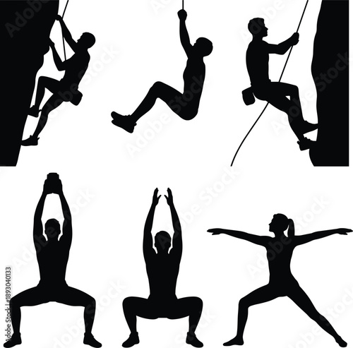 Rock climbing silhouettes, climbers rappelling walls, yoga fitness poses, strength training sport vector illustration