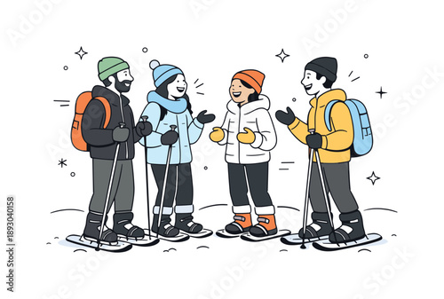 Snowshoeing Friends Laughing. Friends snowshoeing together. Friends stopping to talk and laugh while standing in the snow. Social connection and relaxed