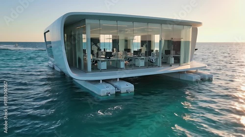 Modern Floating Office Building on the Ocean with Glass Walls and People Working.