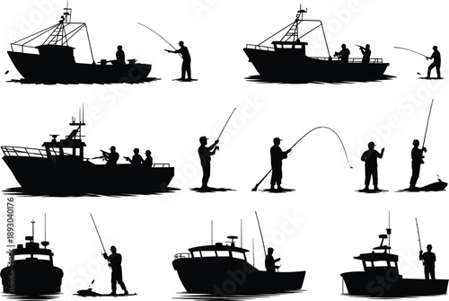 Fishing boat silhouettes, fishermen casting rods at sea, commercial maritime industry vector illustration design