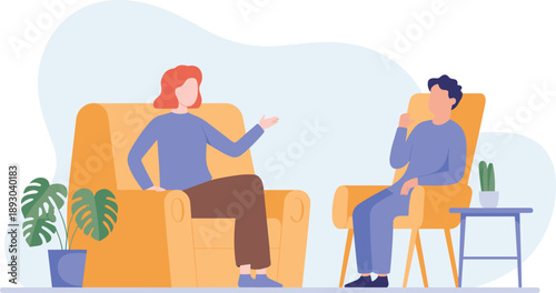 Psychologist counseling patient illustration, mental health therapy session communication support psychology concept design