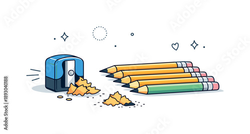 Pencil Sharpener Serenity. Sharpening pencils ? school preparation. Pencil sharpener and pencils neatly arranged on a desk, quiet moment before studying. Clean