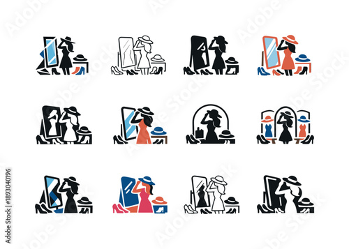 Fashionista Icon Set. A fashionista putting together an outfit with accessories in front of a mirror. Icon set. Set Logo of a fashionista putting together an