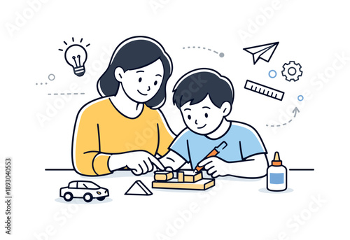 Guided Learning Moment. Physical learning interaction. Teacher assisting a student closely with a hands-on activity, showing guidance and support. Calm focus