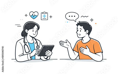 Healthcare Consultation Illustration. Doctor?patient consultation. A healthcare professional reviews health information on a tablet while the patient explains