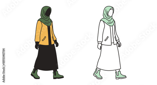 Women walking scarf winter fashion illustration Vector