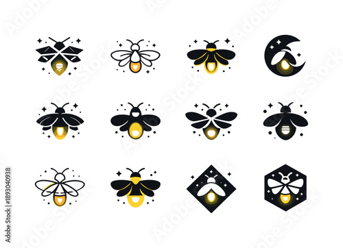 Firefly Logo Variations. Fireflies. Icon set. Set Logo of fireflies: fireflies in night air. harmonious logo variations of the same emblematic concept, each