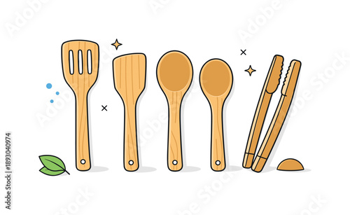 Bamboo Kitchen Essentials. Bamboo kitchen utensils. A small set of bamboo spoons, spatulas, and tongs arranged neatly on a clean surface. Natural kitchen mood,