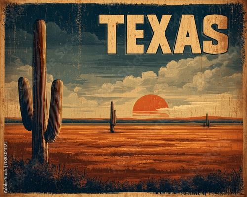 A vintage poster displays texas state iconic traditional famous landscape, text with bold letters, muted colors, simple, elegant, grunge retro theme.