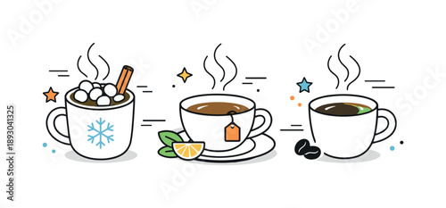 Cozy Winter Beverages. Winter beverages scene. Hot chocolate, tea, and coffee cups with steam rising gently. Cozy seasonal drink concept with abstract motion