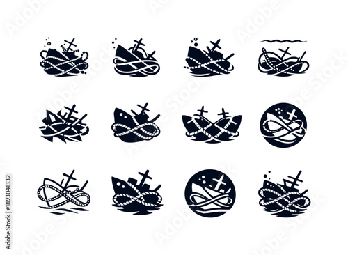 Sunken Ship Logos. sunken ships. Icon set. Set Logo of sunken ships: tangle of ropes. harmonious logo variations of the same emblematic concept, each with
