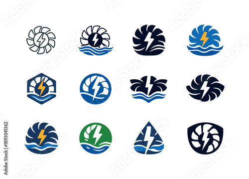 Micro-Hydro Logo Set. Micro-hydro systems. Icon set. Set Logo of Micro-hydro systems: compact hydro generator with lightning bolt. harmonious logo variations